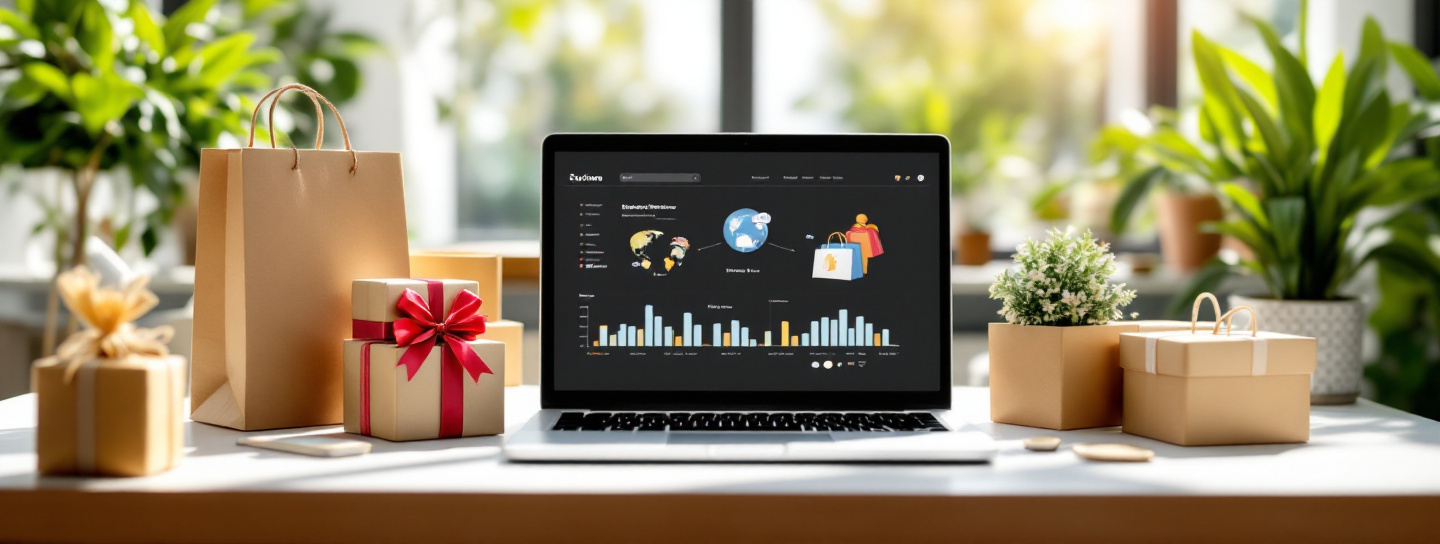 Online-Shopping mit Laptop und Paketen am Schreibtisch